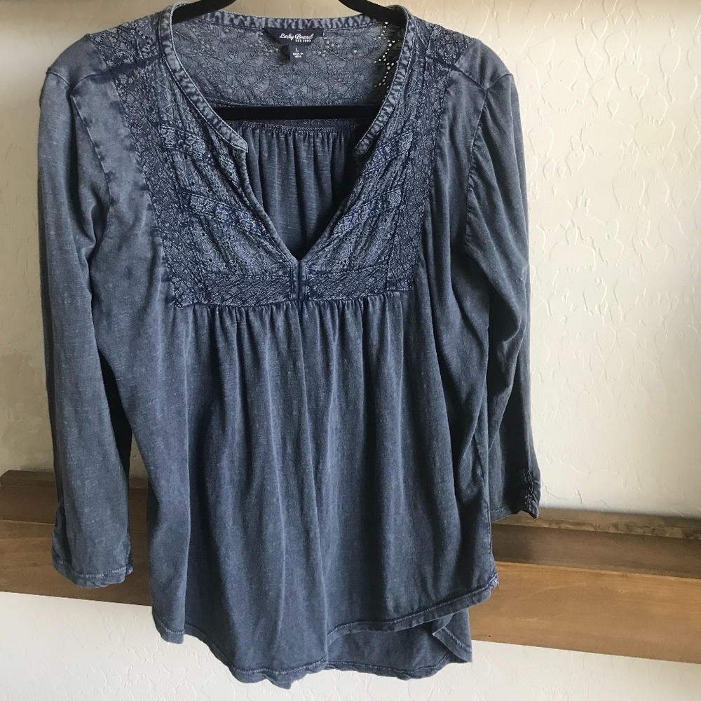 Lucky Brand Lace Placket Top 3/4 Sleeve (Blue)